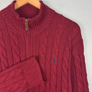 Polo Ralph Lauren Mens XL Burgundy 1/4 Quarter Zip Cable Knit Cotton Sweater